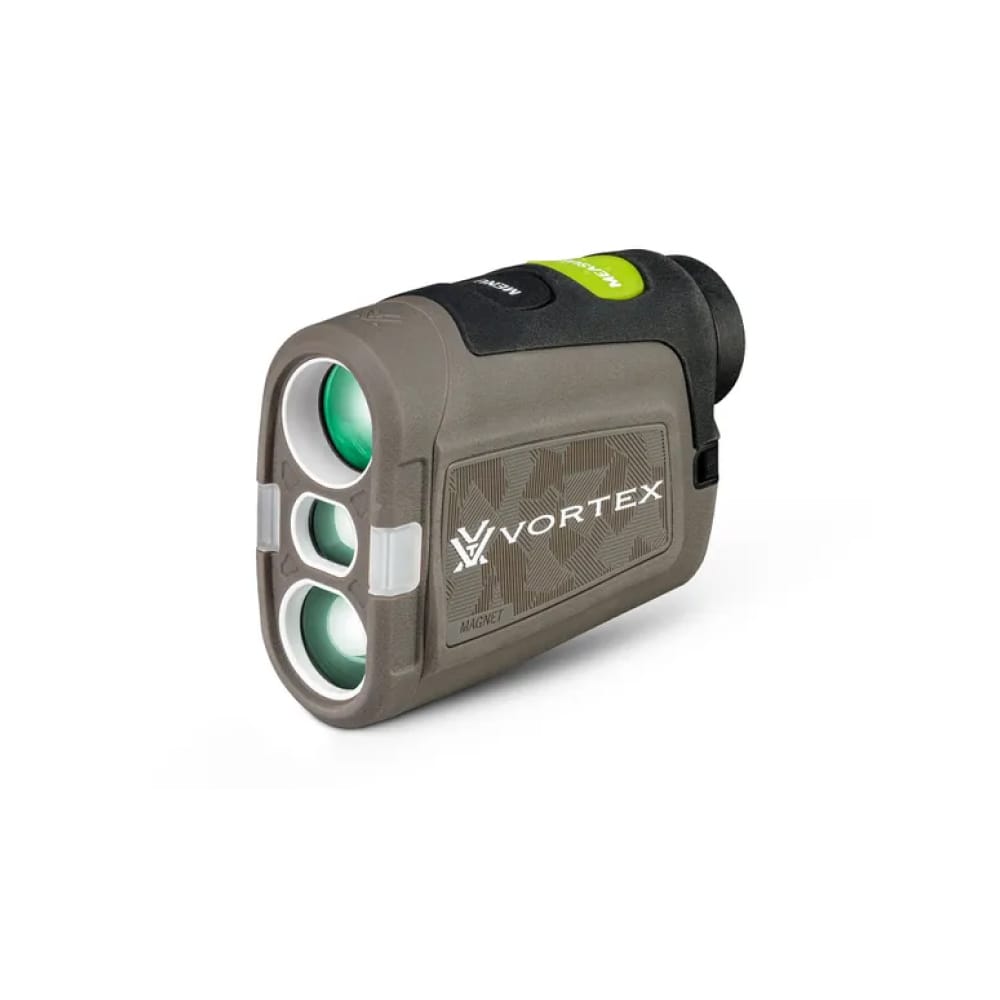 Compact Vortex rangefinder with brown body, three green-front lenses, and a black eyepiece; used to measure distances in outdoor activities.