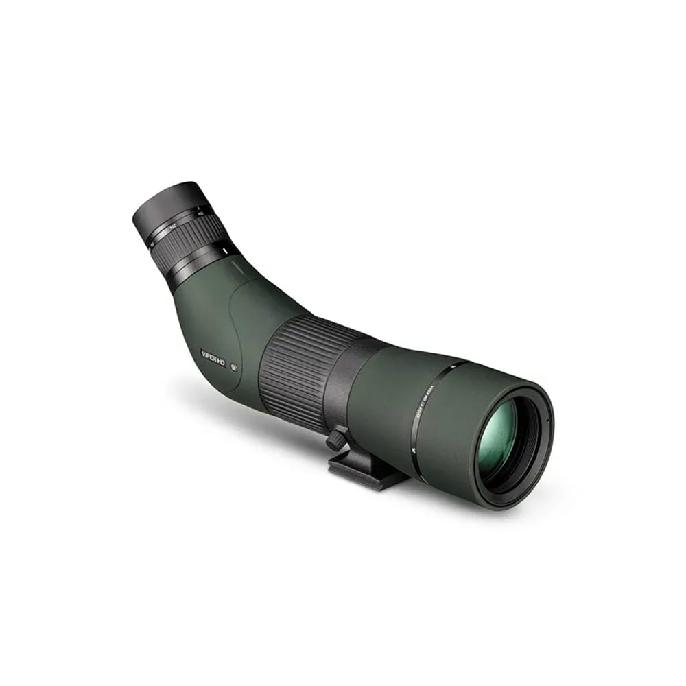 Angled green spotting scope with textured grip and tripod mount, shown from the side.