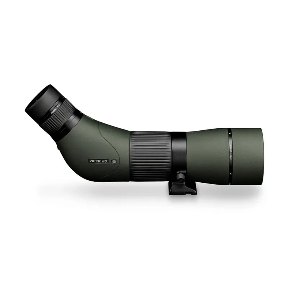 Olive green Viper HD spotting scope in profile with eyepiece on the left and objective lens on the right.