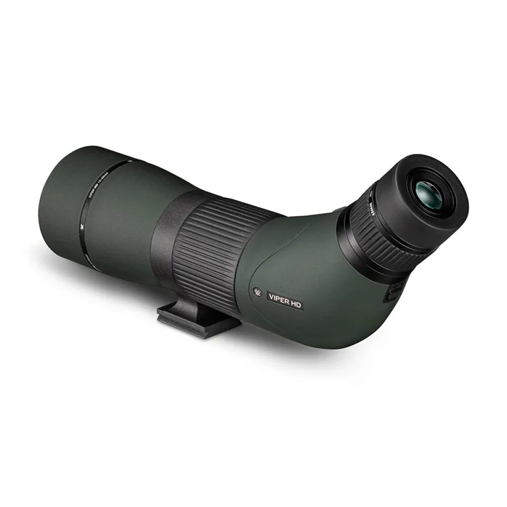Green Viper HD spotting scope with angled eyepiece on a small stand, used for long-range viewing