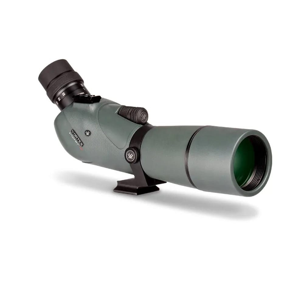 Vortex spotting scope with adjustable eyepiece mounted on a small stand, green body, for distant viewing.