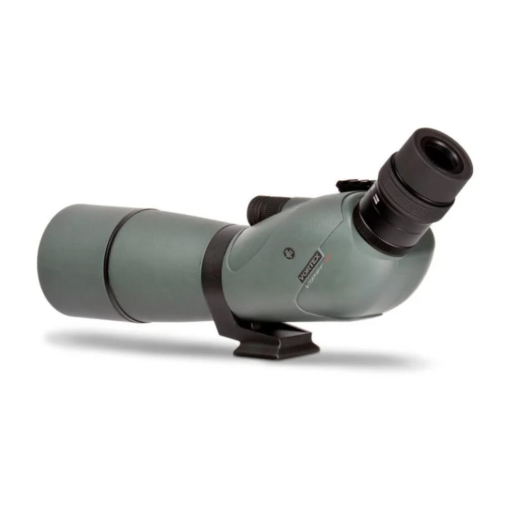 Green-gray spotting scope with angled eyepiece mounted on a small stand, used for distant viewing such as birding or surveillance.
