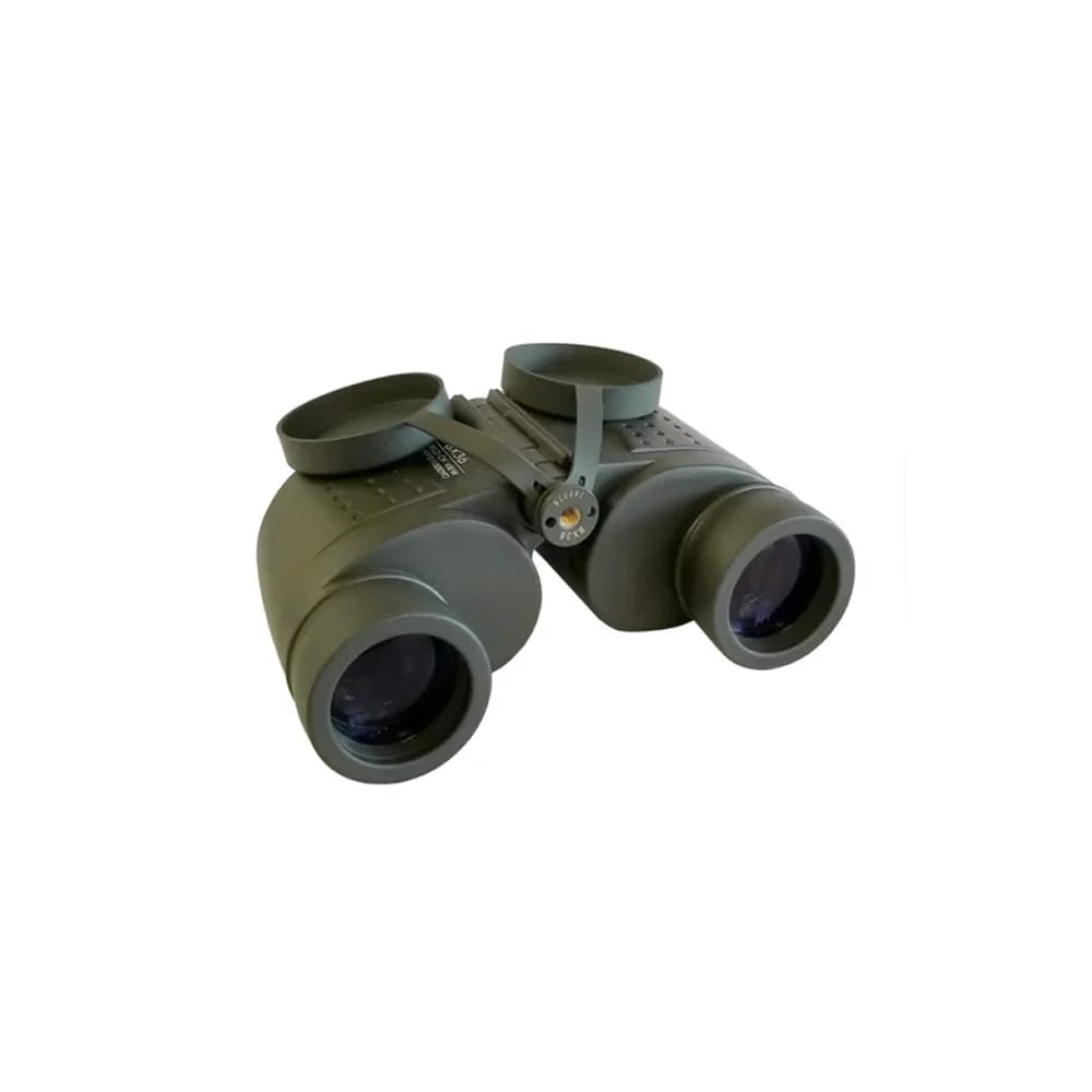 Olive green binoculars with a center hinge and protective lens caps on a white background
