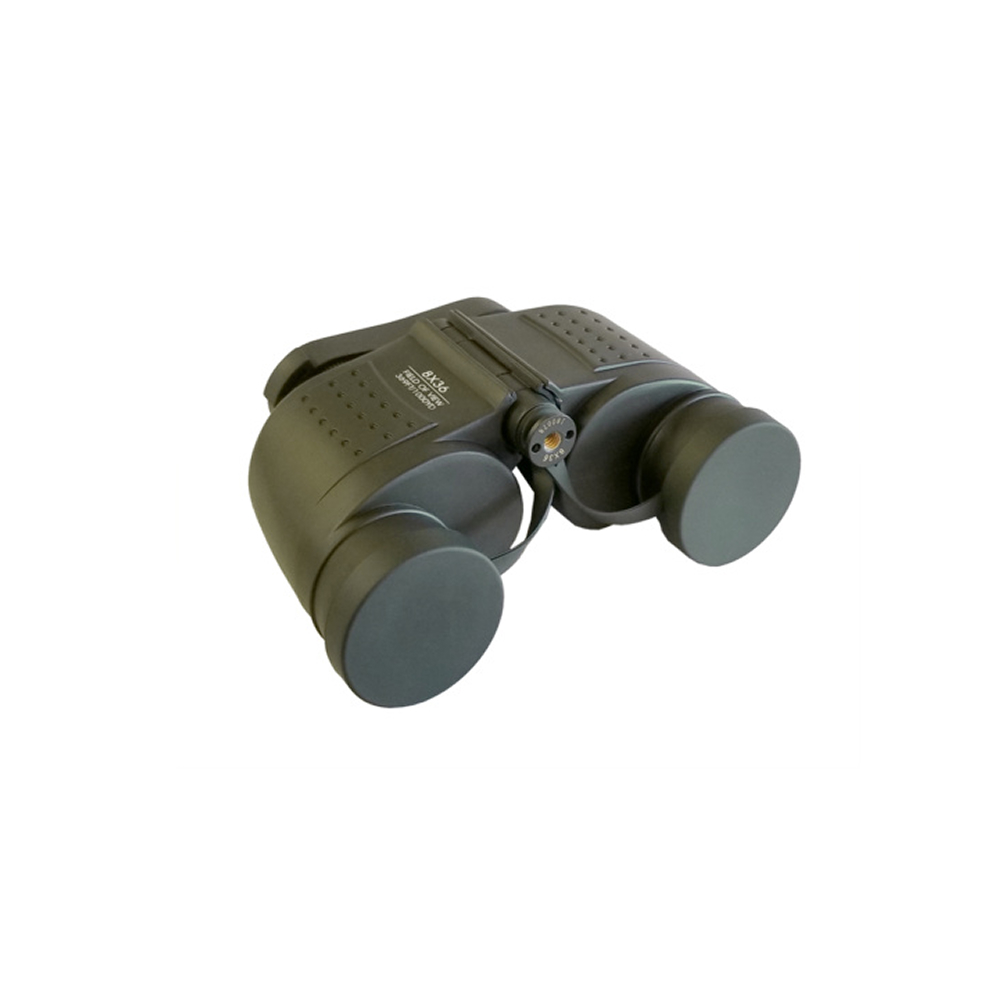 Compact black binoculars with large eyepieces on a white background
