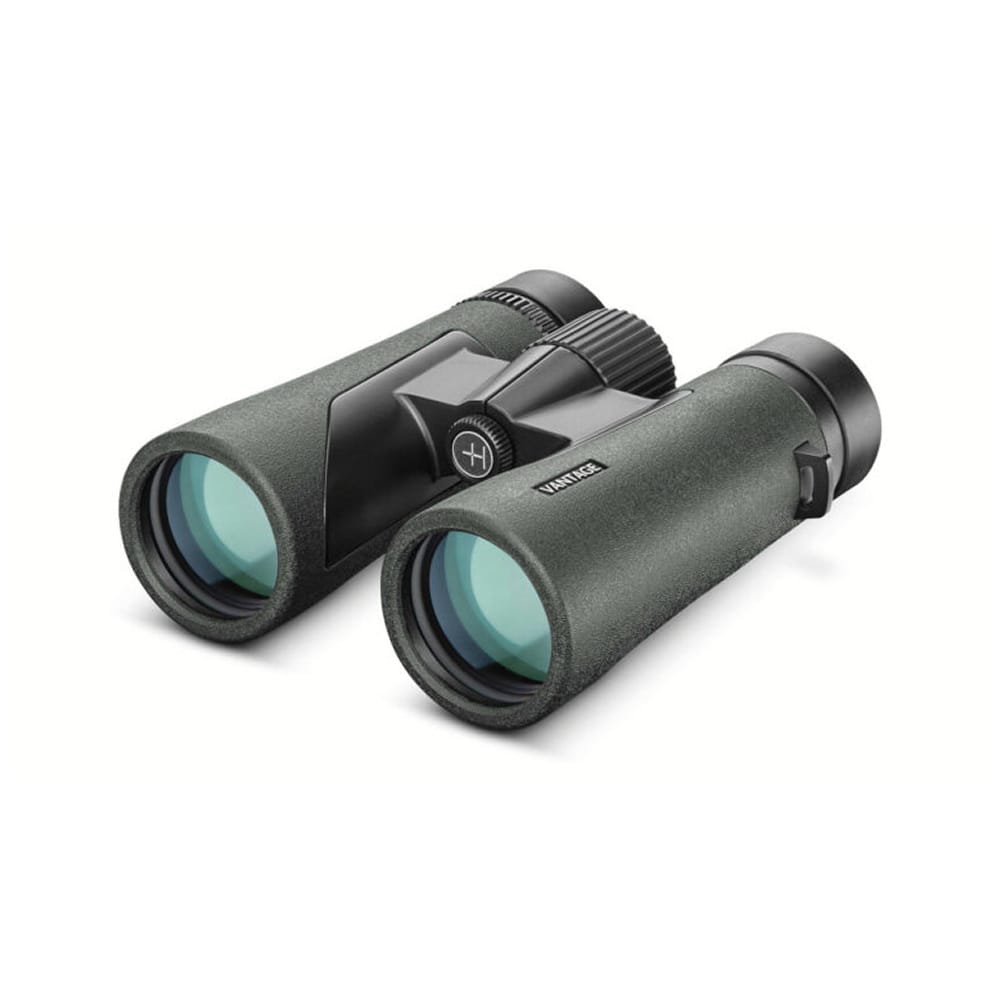 Pair of dark green binoculars with teal-tinted lenses on a white background