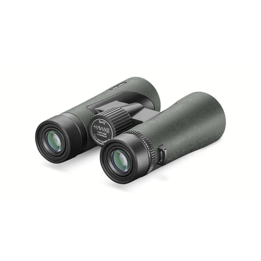 Pair of green-textured binoculars viewed from a side angle, showing the dual eyepieces and central focus wheel on a white background.