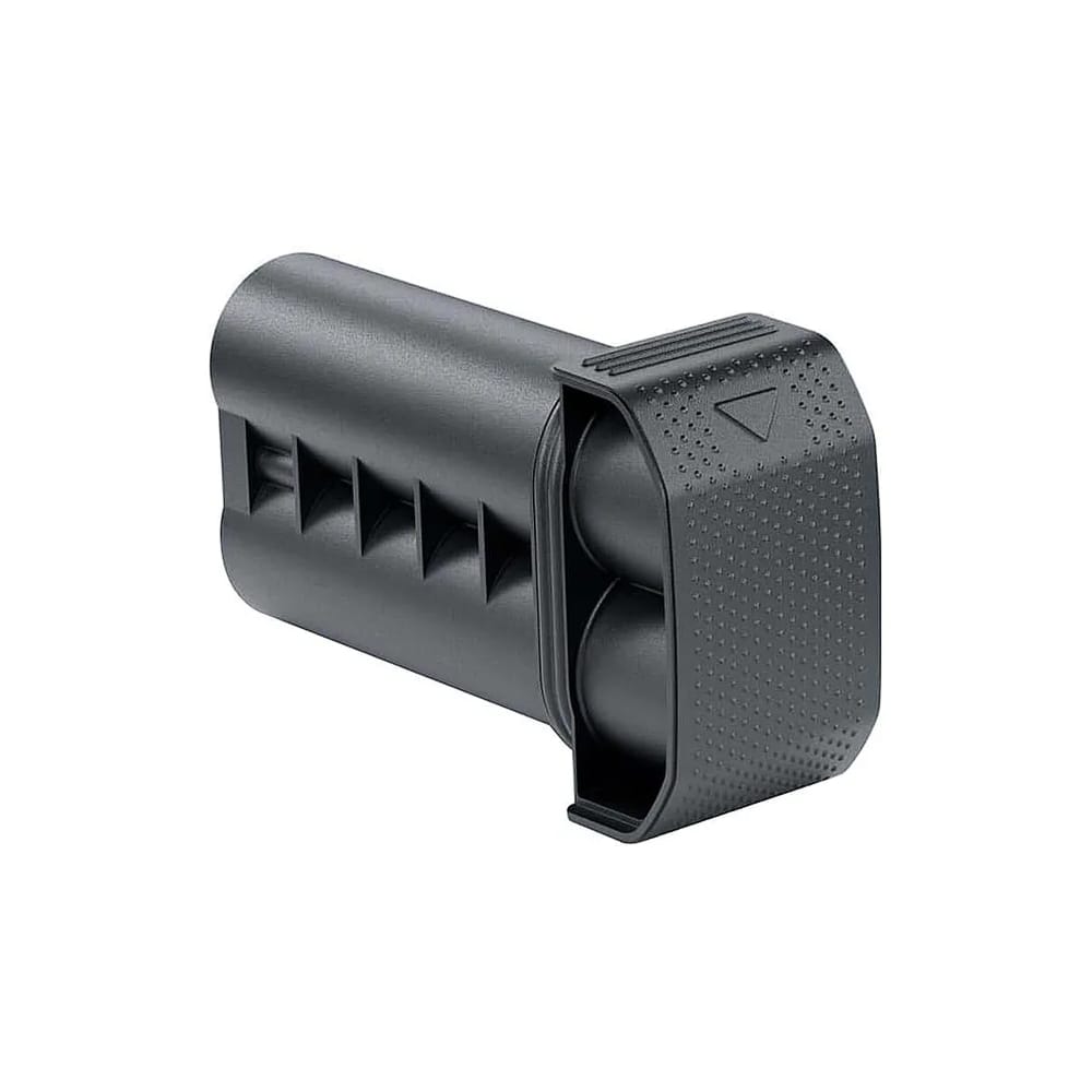 Black plastic tool attachment with ribbed textured end and a row of triangular slots, likely an interchangeable blade cartridge