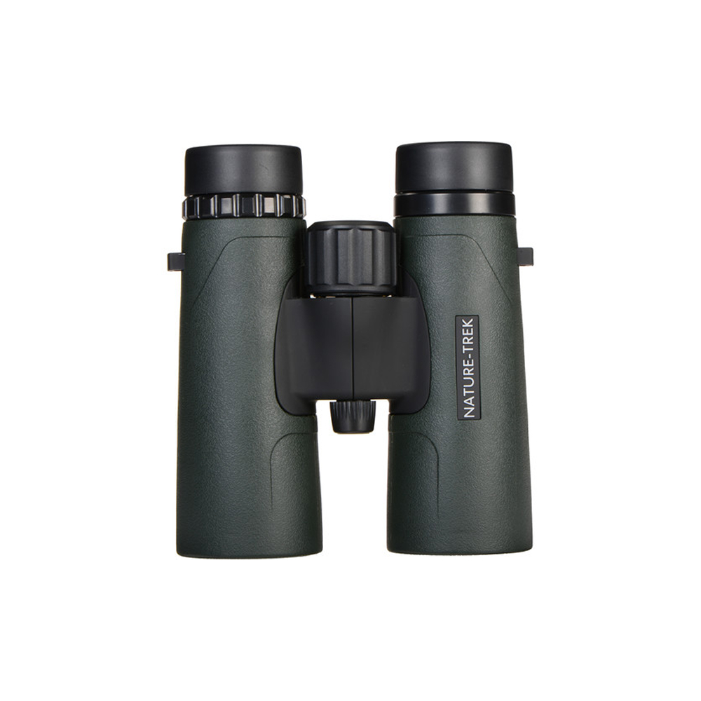 Compact green binoculars with black eyepieces and central hinge, Nature Trek branding visible on the right barrel.