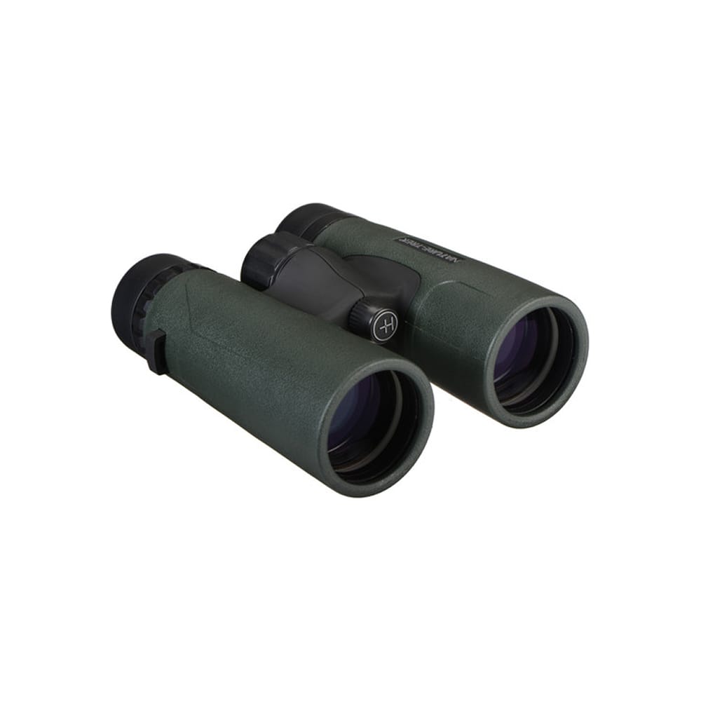 Green binoculars with a textured grip and black central hinge on a white background, angled to show both eyepieces