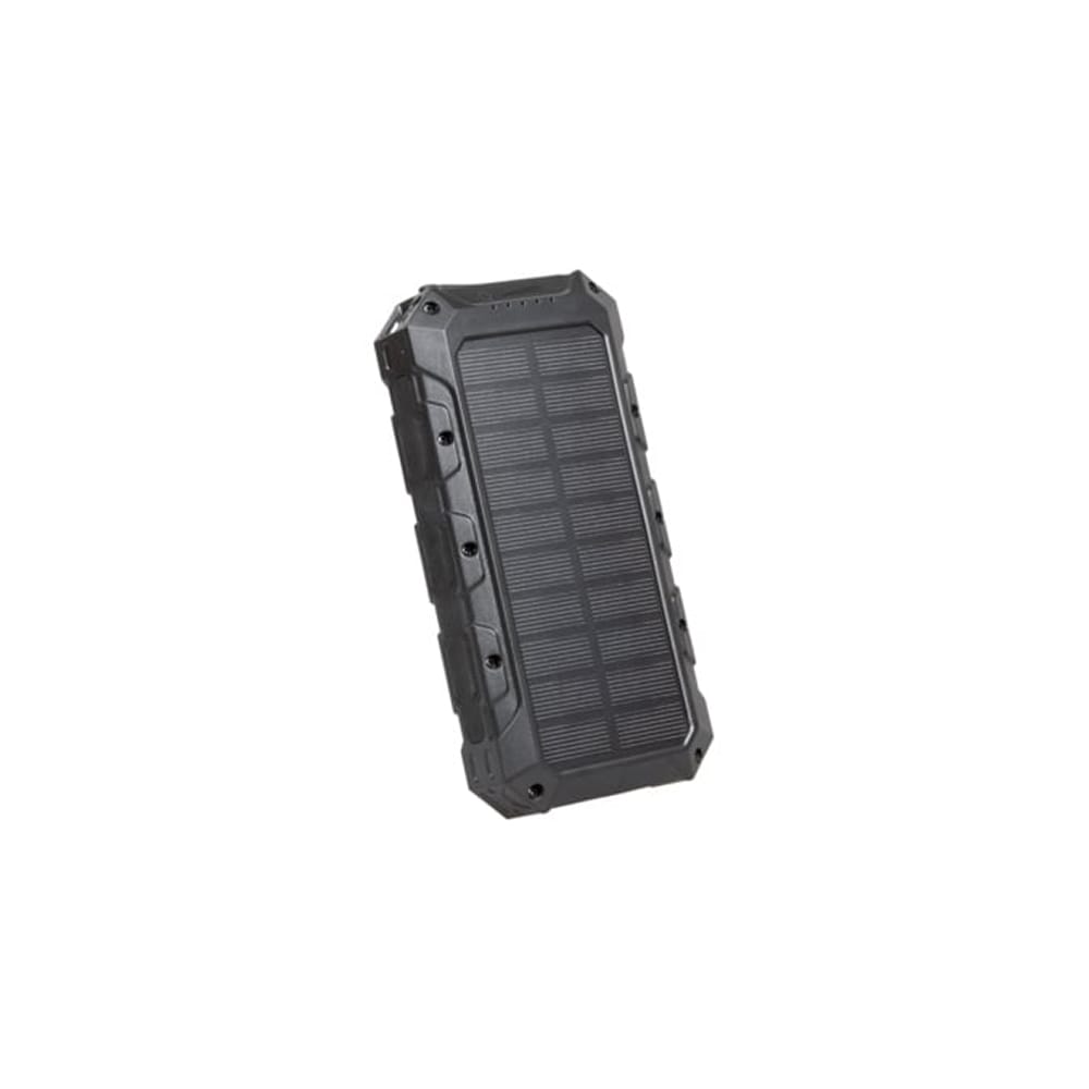 Rugged black solar power bank with a built‑in solar panel, shown at an angle for outdoor use