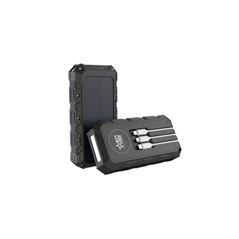 Rugged black solar power bank with a solar panel and four fold-out charging connectors.