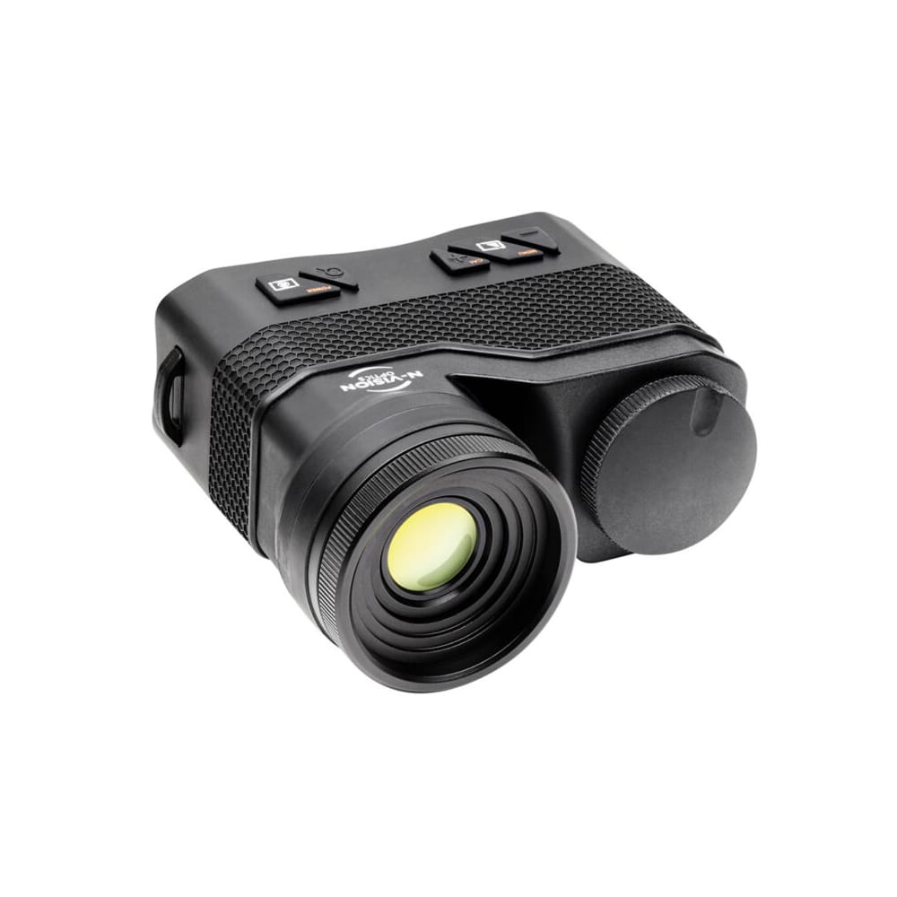 Black compact night-vision monocular with a large front lens and a protective side cap; handheld optical device for low-light viewing.