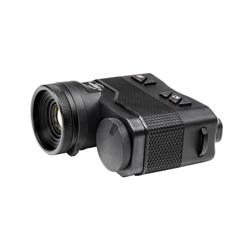Handheld monocular magnifier with a textured grip, adjustable focus dial, and forward-facing lens cap visible in front of the device