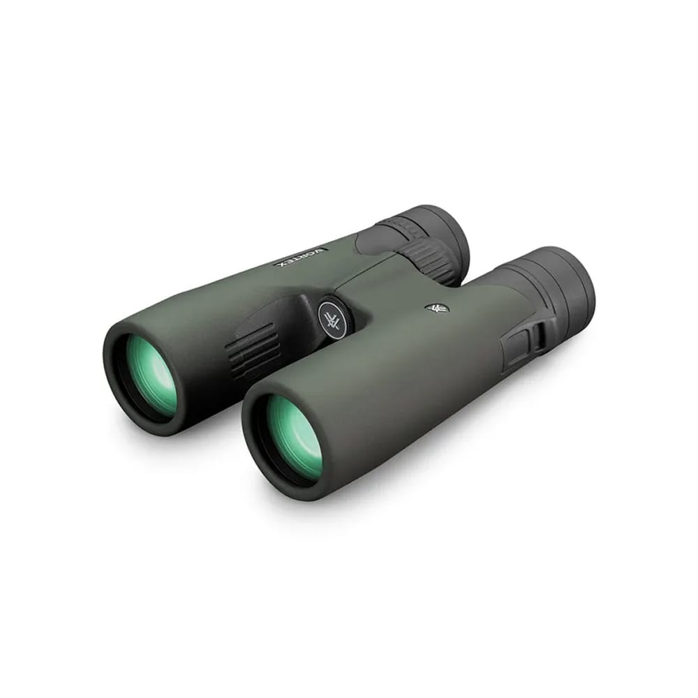 Compact green binoculars with black body and green-tinted lenses, viewed at an angle for a close-up.