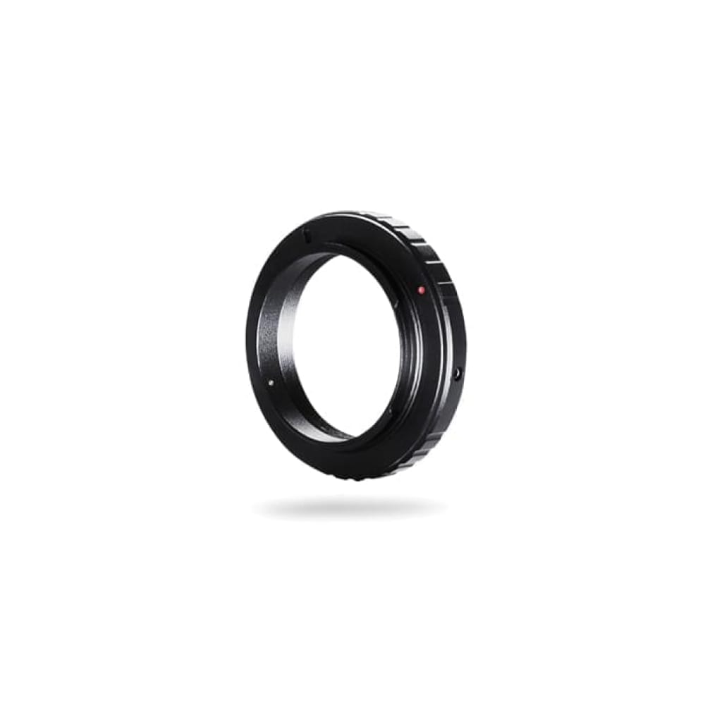 Black metal camera lens mount adapter ring with a red alignment dot.