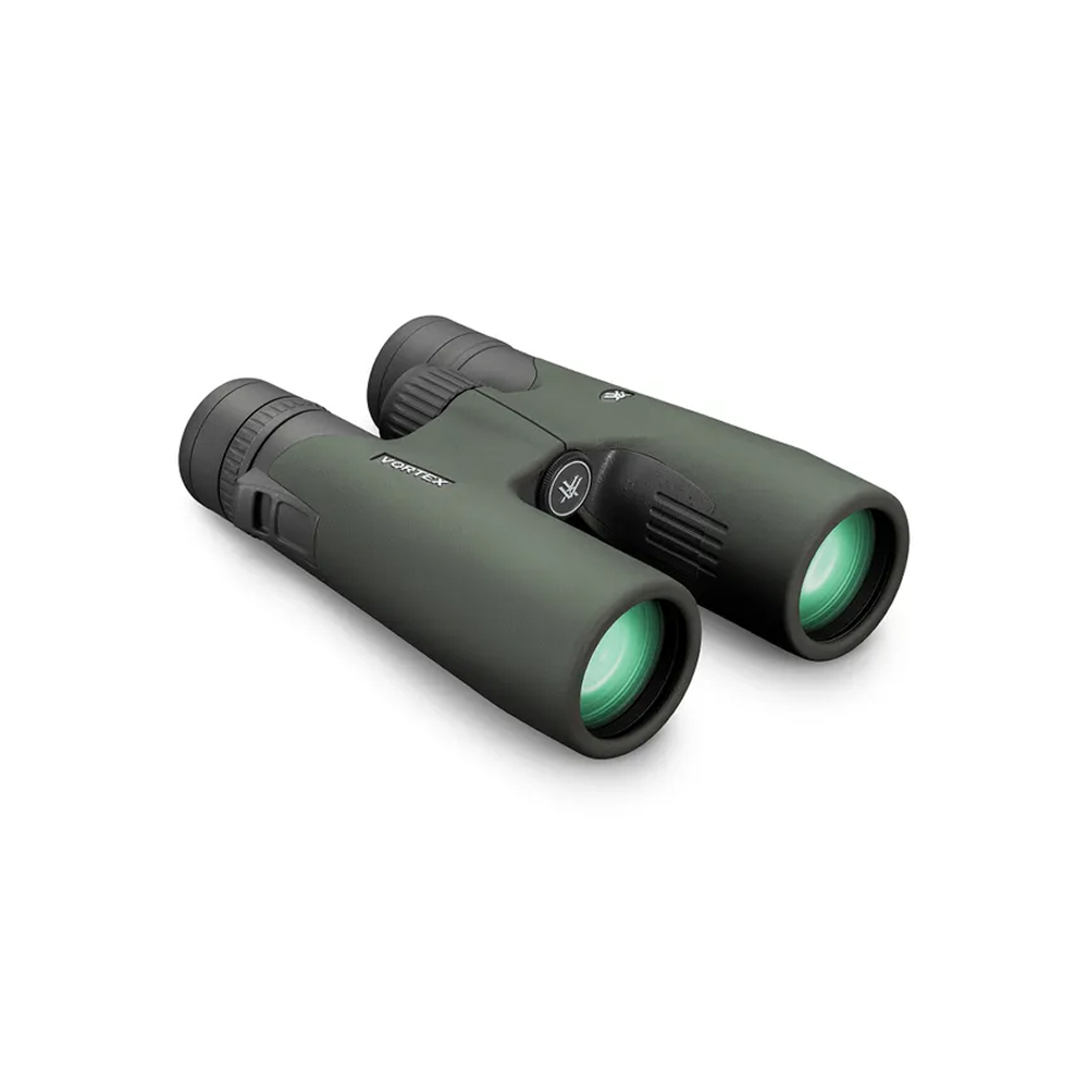 Olive green binoculars with black eyepieces and a center focus wheel, viewed from above.