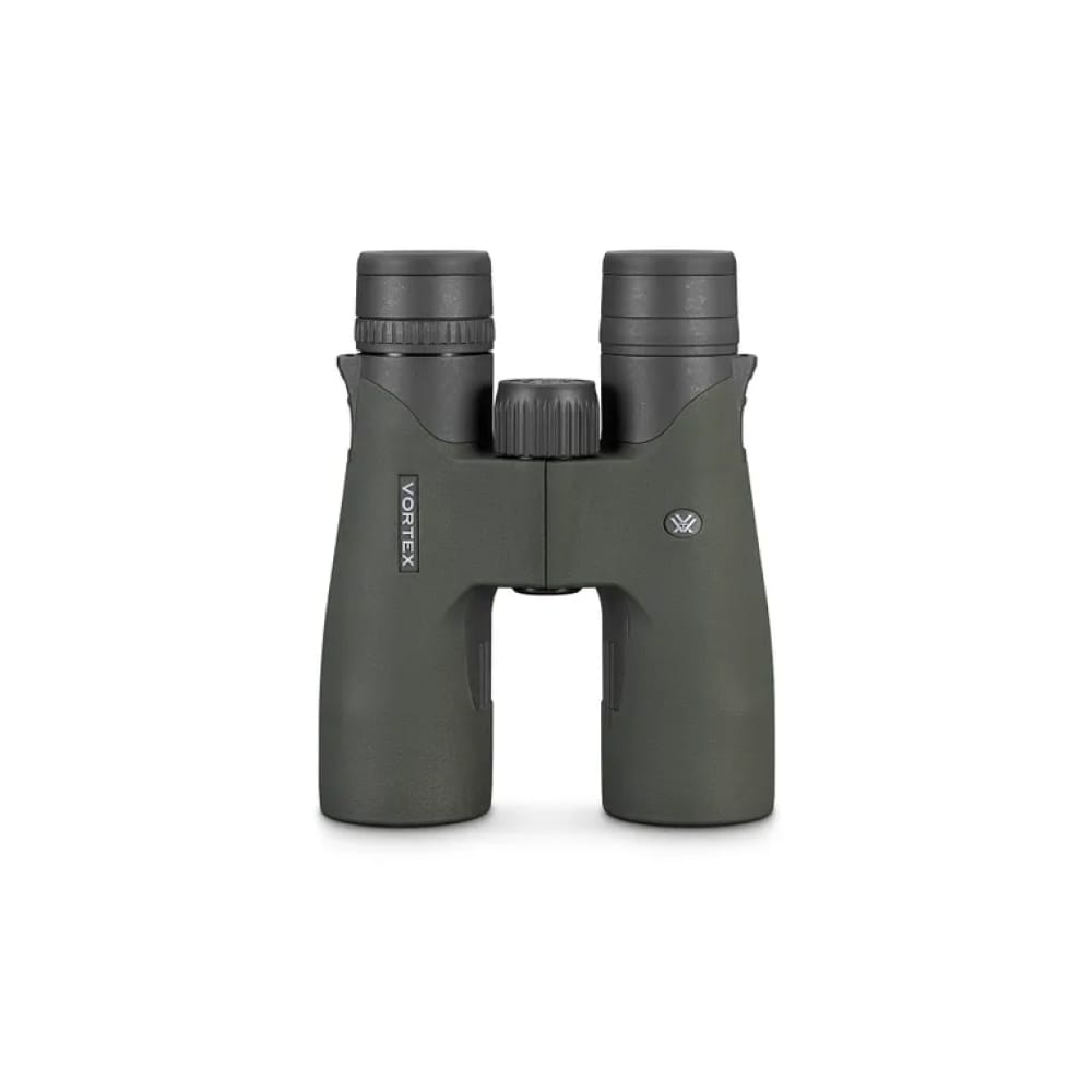 Olive green compact binoculars with a central focusing wheel, Vortex brand, front view
