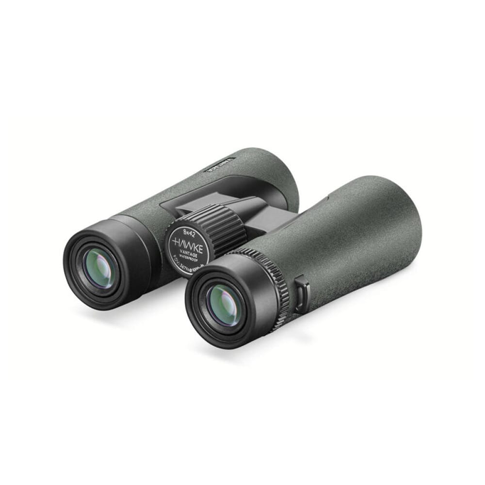 Pair of Hawke Vantage 8x42 binoculars on a white background, angled to show eyepieces and central focusing wheel.