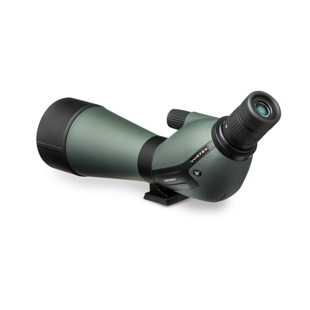 Green and black spotting scope with adjustable eyepiece on a white background, viewed from the side (Vortex)