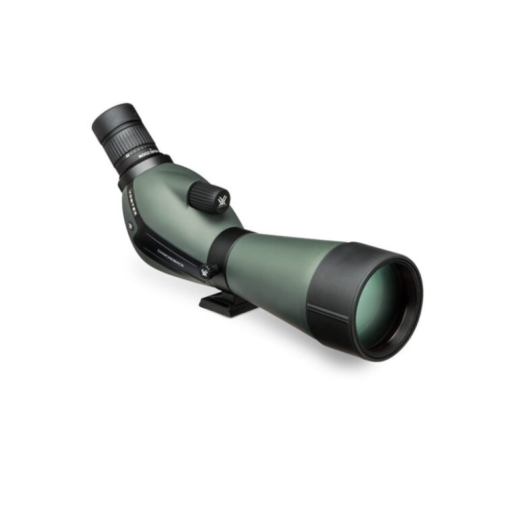 Green and black spotting scope with adjustable eyepiece and base mount used for outdoor viewing.