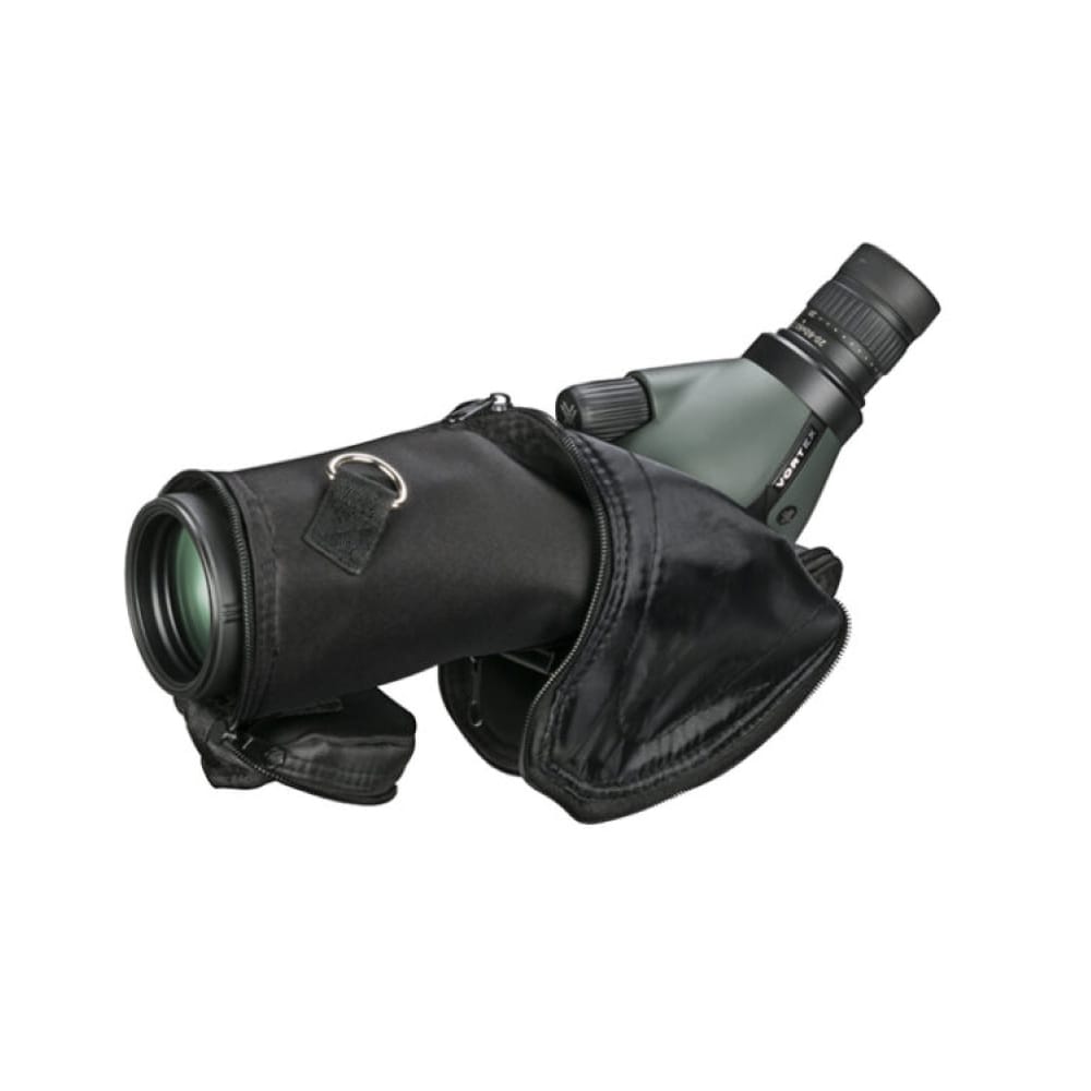 Compact monocular telescope tucked into a black protective pouch with a zipper, shown from the side