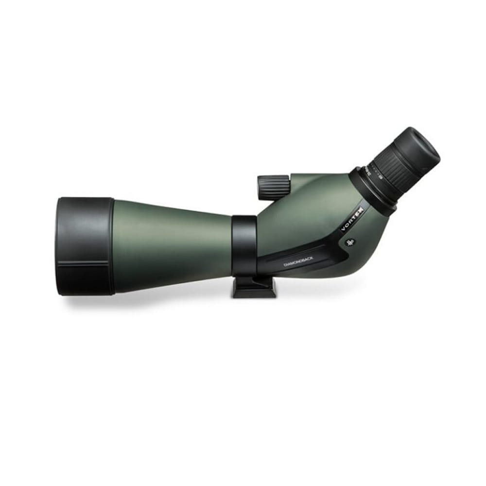 Green spotting scope with an angled eyepiece, mounted on a small stand for stability (birding/target viewing).