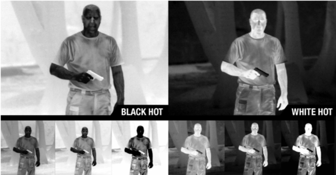 Split-screen thermographic image: left panel labeled BLACK HOT, right panel labeled WHITE HOT, each showing a man holding a small device; row of thumbnails beneath.
