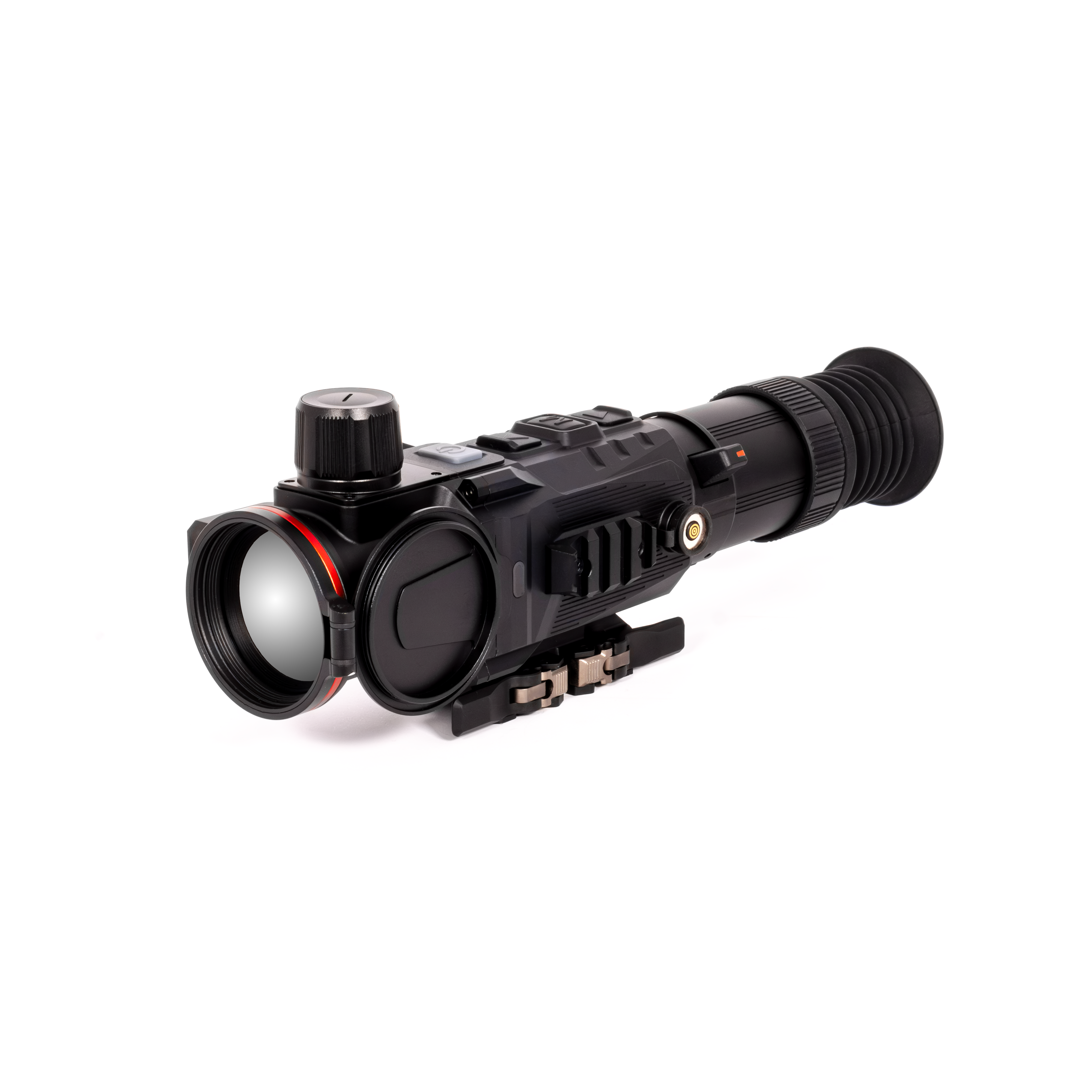 Close-up of a black telephoto camera lens with textured focus rings on a white background, showing lens elements and hood.