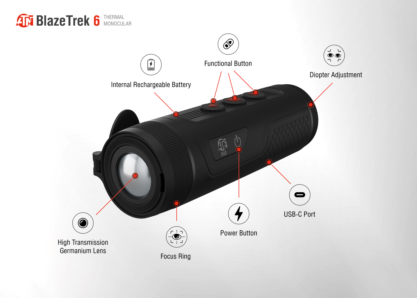 ATN BlazeTrek Thermal Monocular, 1.5–12x, 640×512 Sensor, 12μm, ≤18 mK NETD