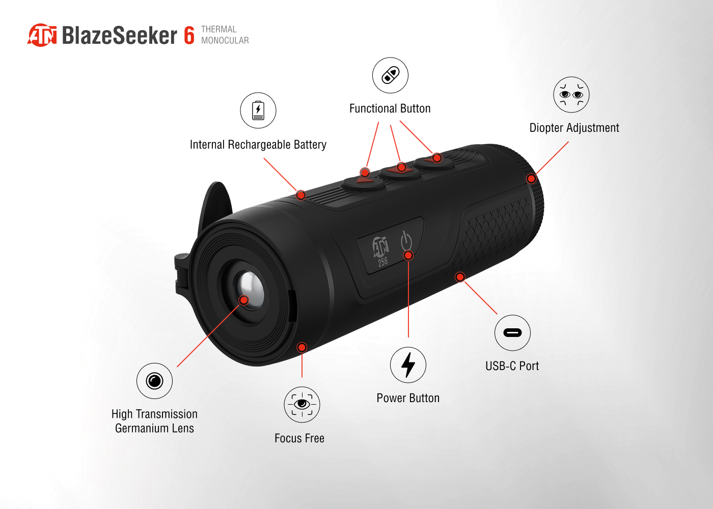 ATN BlazeSeeker Thermal Monocular, 1.7–13.6x, 256×192 Sensor, 12μm, ≤20 mK NETD