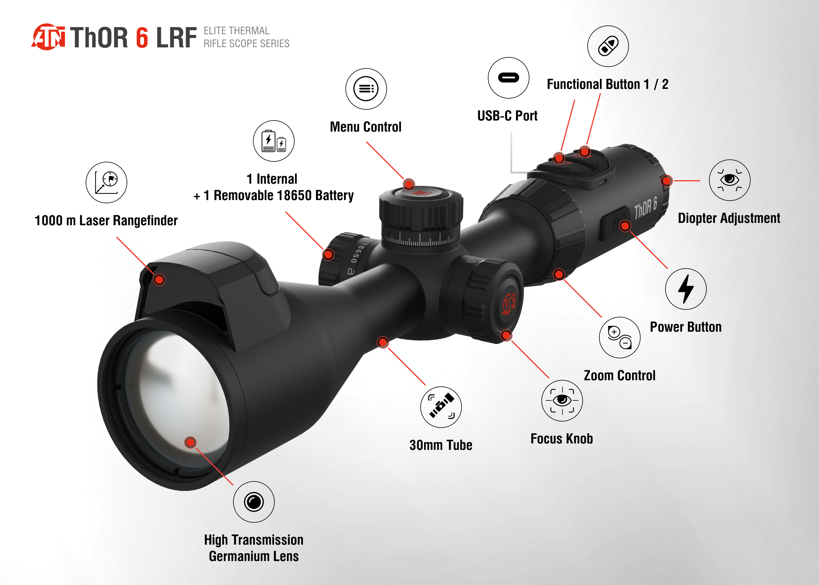 ATN ThOR 6 Elite Thermal Riflescope, 3.5–28x, 384×288 Sensor, 12μm, ≤15 mK NETD, Built-in LRF