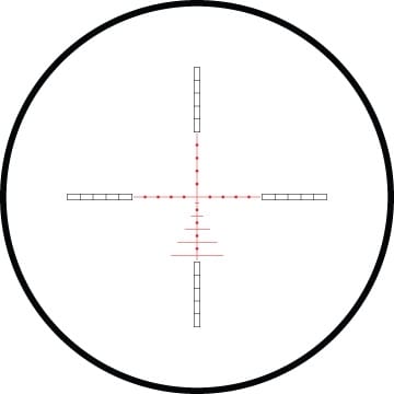 Circular scope reticle with black outer border, white interior, and vertical/horizontal crosshairs with red measurement marks.