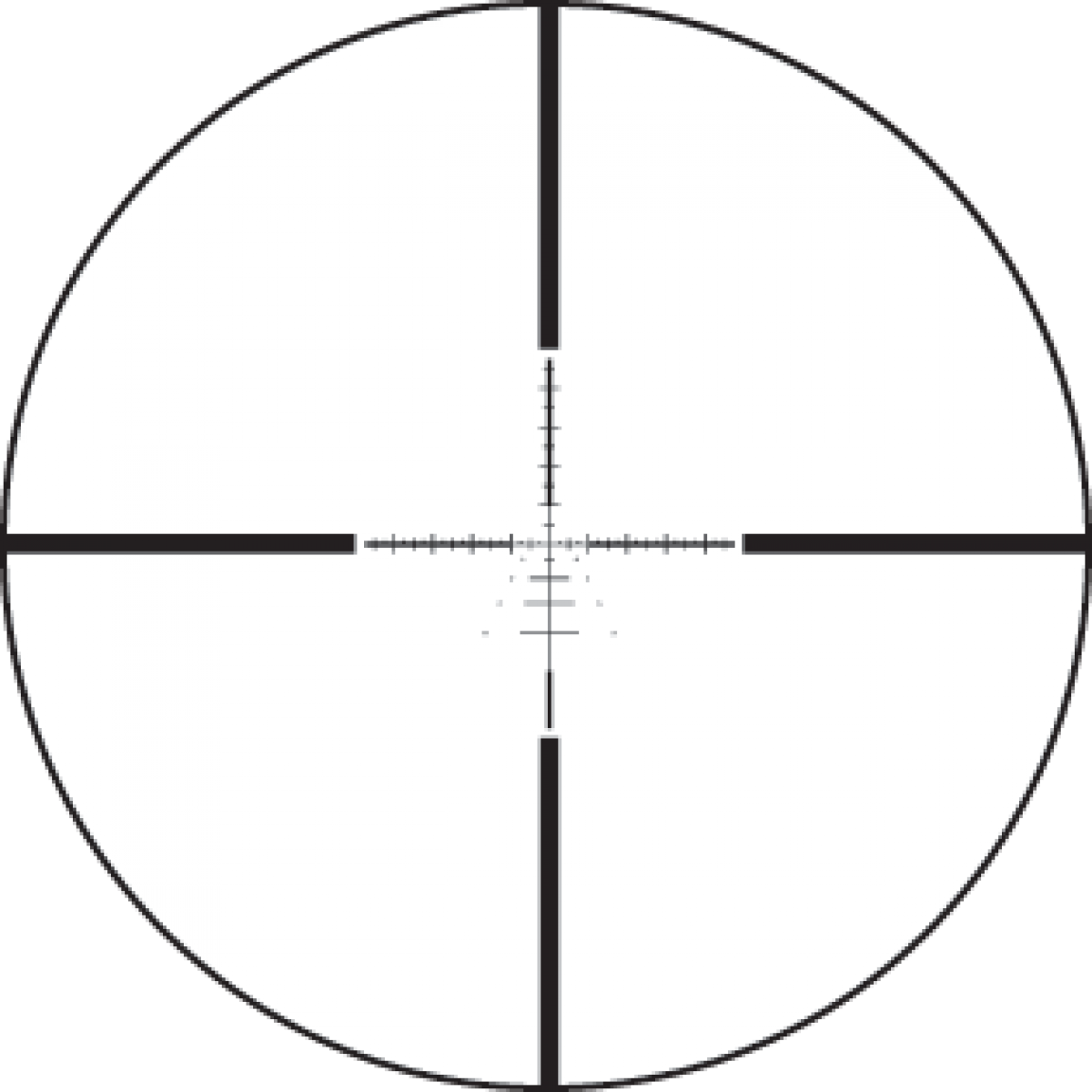 Circular rifle scope reticle with bold vertical and horizontal crosshair lines and small measurement tick marks at the center