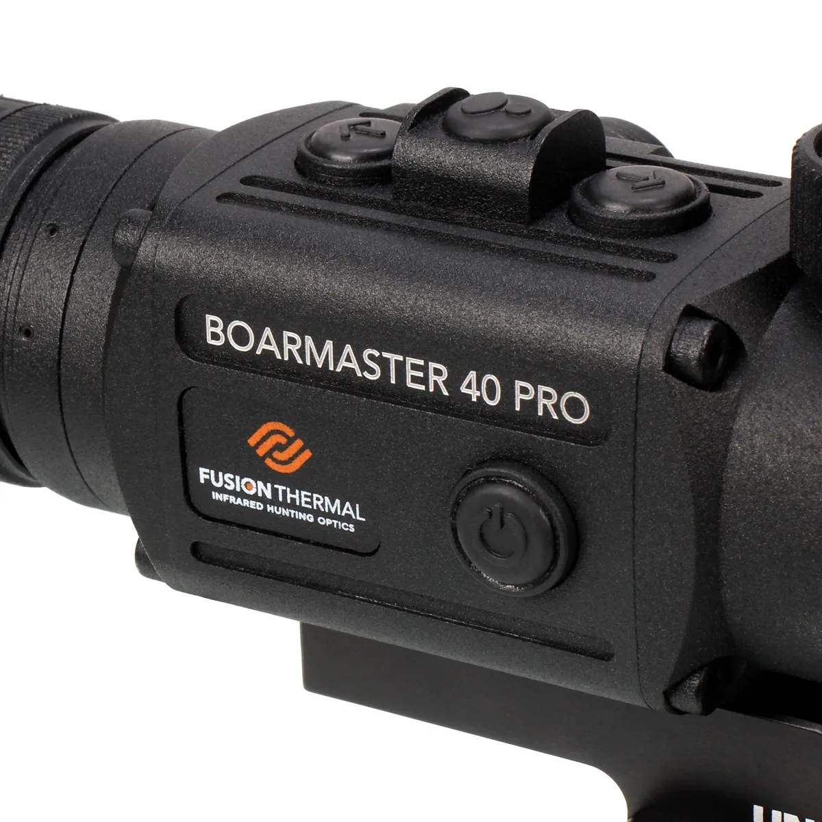 Close-up of a Boarmaster 40 Pro infrared hunting optic with Fusion Thermal logo and power button.