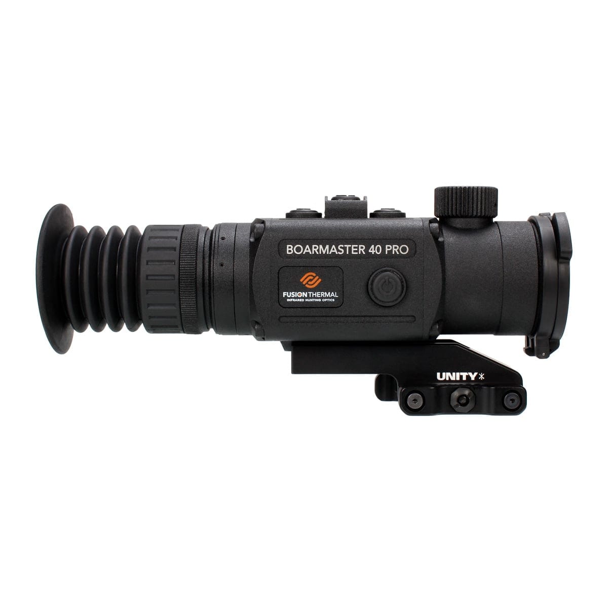 Boarmaster 40 Pro thermal rifle scope mounted on a Unity rail mount, used for hunting or target acquisition.