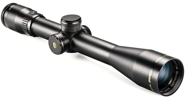 Black riflescope with adjustment knobs and a large front lens