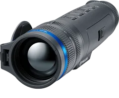 Close-up of a black handheld camera/lens with a blue accent ring around the front element.