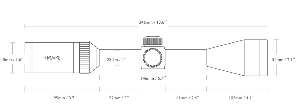 Technical diagram of a Hawke rifle scope with measurement lines in mm and inches showing overall length and diameters.