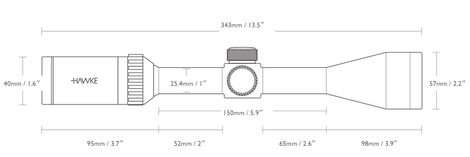 Side-view line drawing of a riflescope with measurement marks for overall length and each segment (eyepiece, main tube, adjustment knob, and objective bell).