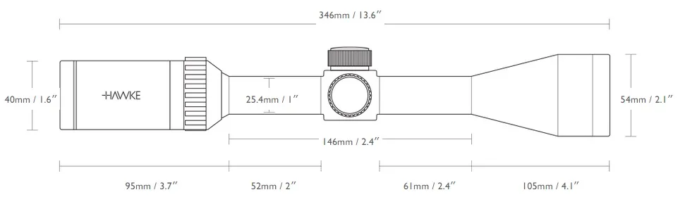 Technical diagram of a Hawke riflescope with measurement labels; shows eyepiece, adjustment turret, and objective lens with overall length noted.