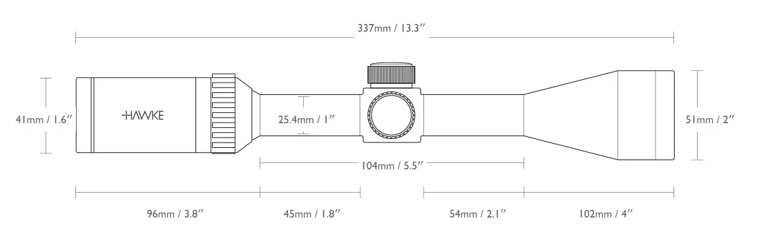 Technical line drawing of a Hawke riflescope with labeled dimensions: total length 337 mm (13.3 in), objective end 102 mm (4 in), eyepiece 96 mm (3.8 in), main tube 104 mm (5.5 in), and main body sections showing 25.4 mm (1 in) eye relief and 54 mm (2.1 in) mid-section; includes elevation adjustment knob and eyepiece focus ring.