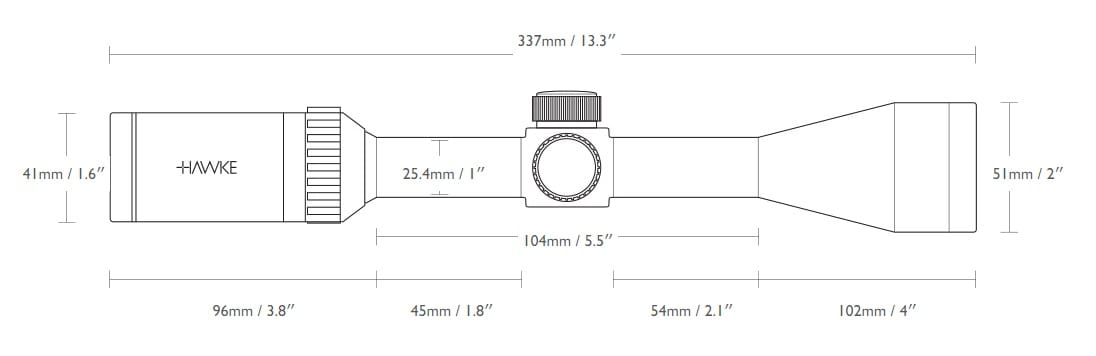 Technical diagram of a Hawke rifle scope showing overall length and key features (eyepiece, adjustment turret, objective at ends) with labeled dimensions.