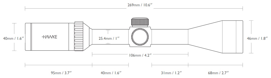 Line drawing of a Hawke rifle scope with measurement labels (269mm total length); shows eyepiece, focus/adjustment knob, central scope tube, and objective bell with various dimensions in mm and inches.