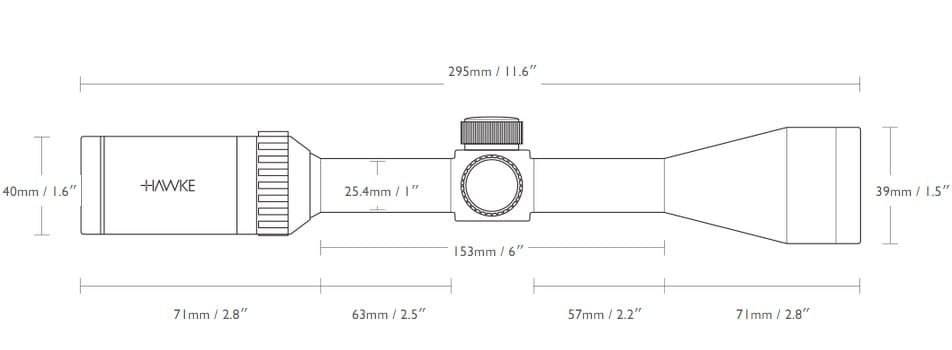 Technical diagram of a Hawke rifle scope with overall length 295 mm (11.6 in) and major dimensions, showing the eyepiece, adjustment turret, and objective bell.