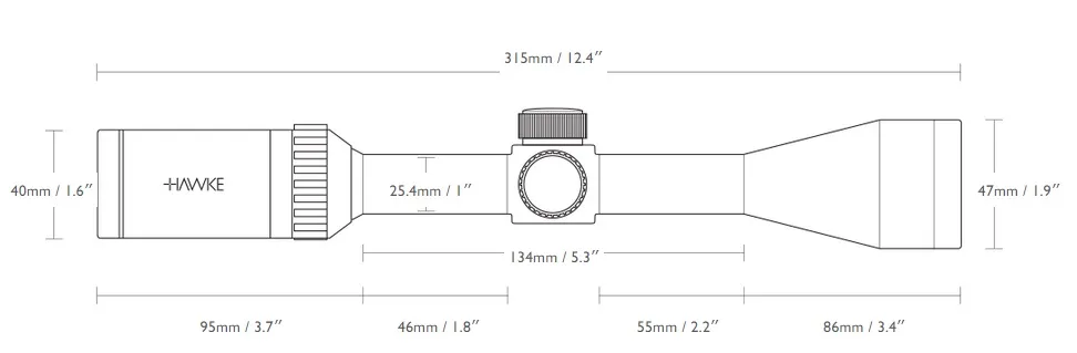 Technical line drawing of a Hawke riflescope with overall length 315 mm and labeled dimensions for objective, tube, and eyepiece pieces.