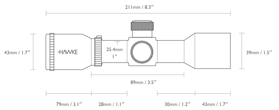Technical line drawing of a Hawke riflescope with dimensions: total length 211 mm (8.3"), heights 43 mm (1.7") and 39 mm (1.5"), and segmented lengths shown. Top turret and center mounting ring visible.