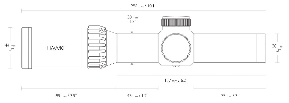 Technical line drawing of a Hawke riflescope with dimension annotations (overall length 256 mm / 10.1 in, tube segments and eye relief shown)