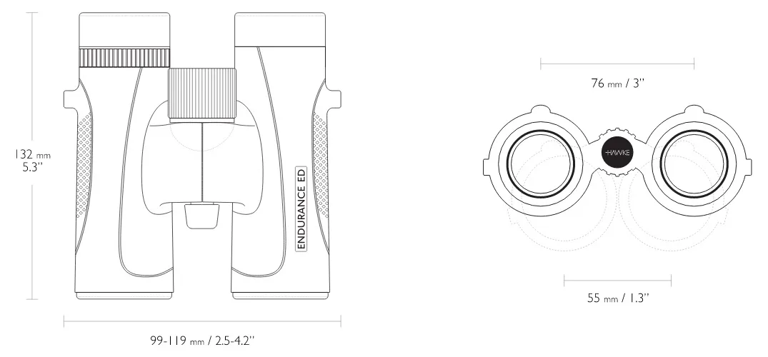 Technical diagram of Endurance ED binoculars with dimensions: height 132 mm, width 99–119 mm, IPD 76 mm, lens diameter 55 mm.