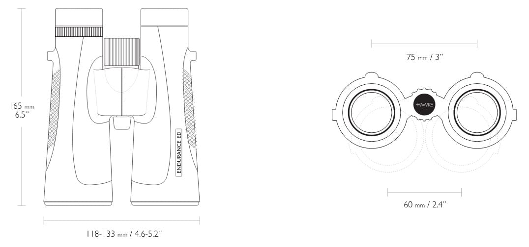 Technical line drawing of Hawke Endurance ED binoculars, showing side/front and top views with dimensions: height 165 mm, length 118–133 mm, interocular distance 60 mm, and overall width 75 mm between lenses.