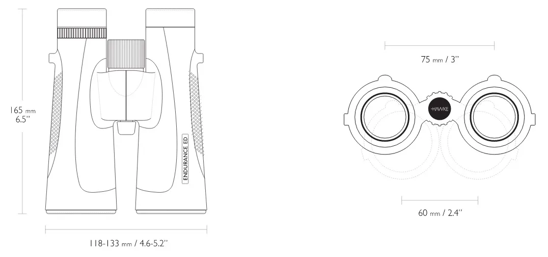 Technical line drawing showing two handheld devices (grippy sides, central trigger) with dimensions: height 165 mm, width 118–133 mm; plus a top view of a pair of Hawke binoculars with 75 mm overall width and 60 mm lens spacing.